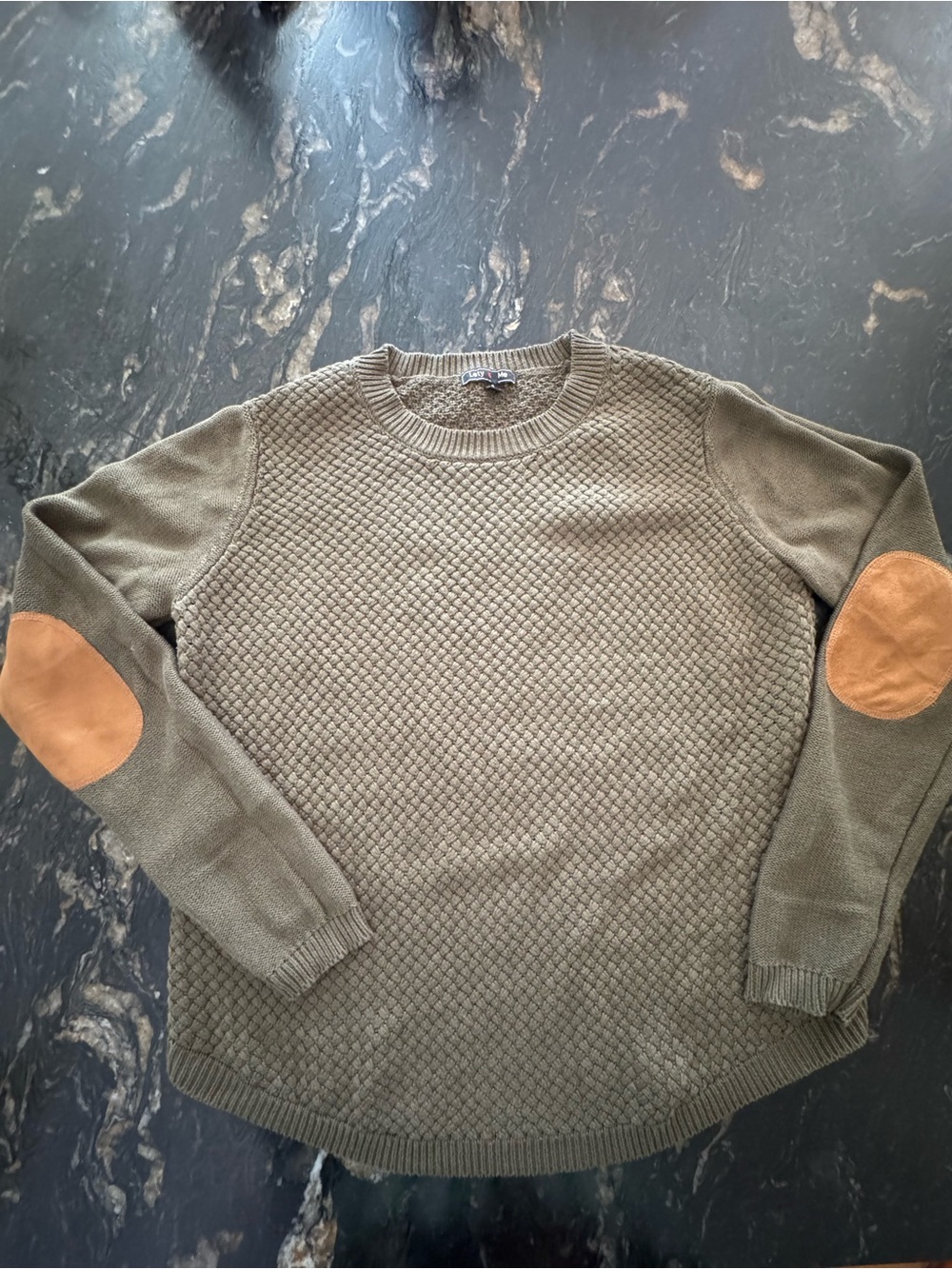Textured Olive Crewneck Sweater with Tan Elbow Patches